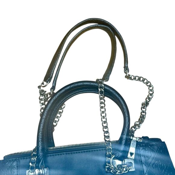 GUESS Holly Status Carryall Black Purse Handbag Silver Chain Clutch Handle - Picture 5 of 7